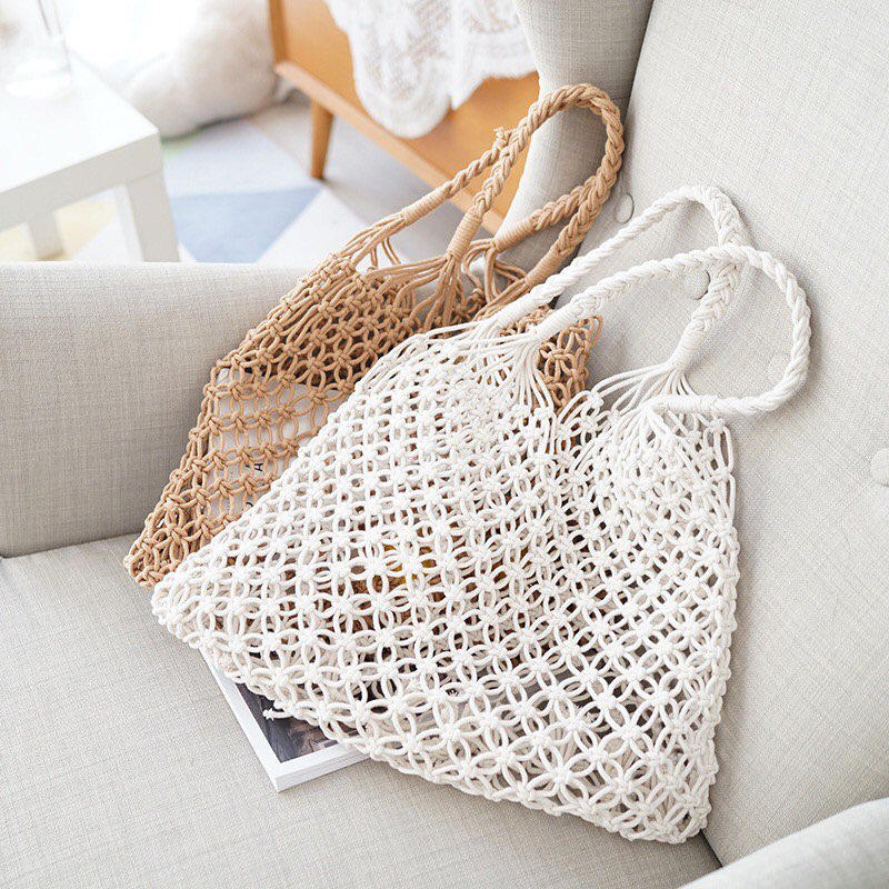 Túi lưới cá đeo vai đi biển - Macrame dây ngắn - size M