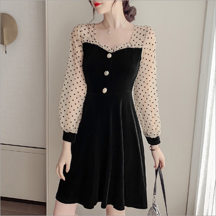 Váy nhung tay voan phối cúc siêu xinh