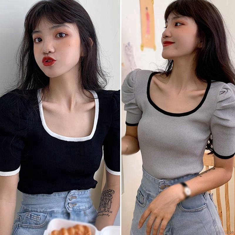 Áo Croptop Dệt Kim Tay Ngắn Cổ Vuông Phong Cách Hàn Quốc
