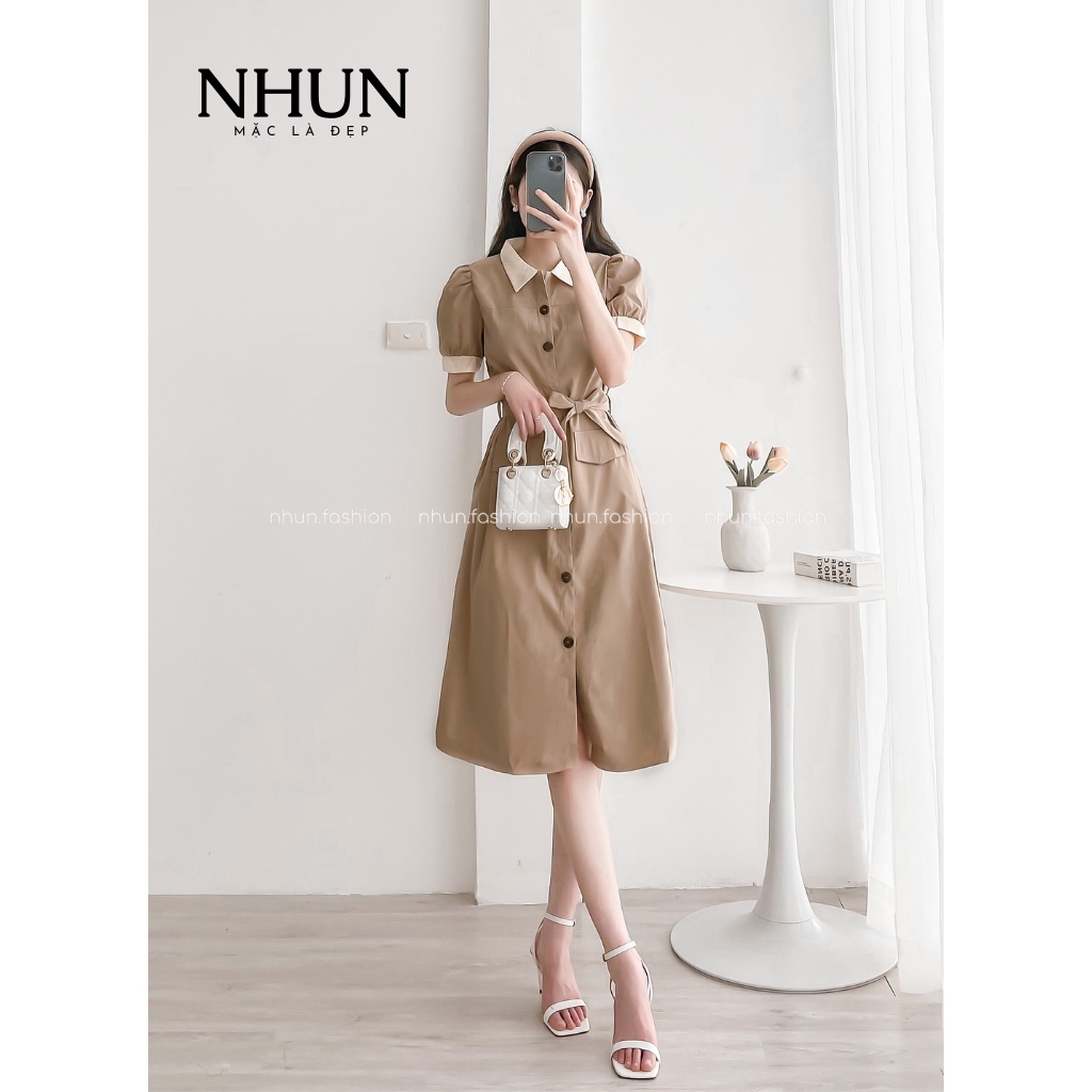 Váy đầm nữ sơ mi dáng dài, Đầm công sở nữ vải mềm thiết kế kèm đai eo dáng cực xinh N14