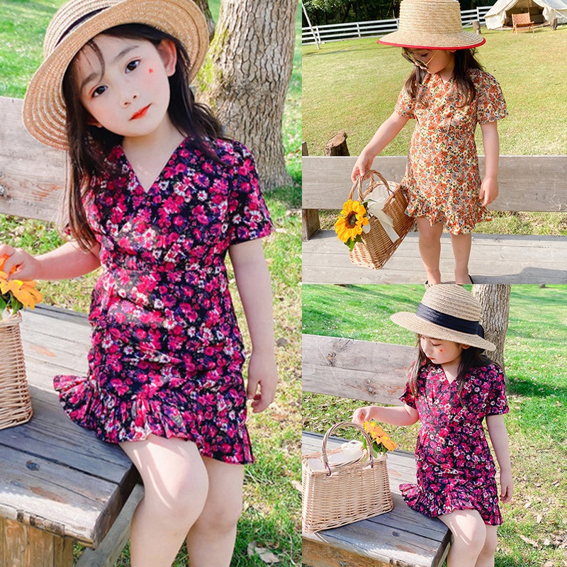 Đầm Hoa Ngắn Tay Cổ Chữ V Cho Bé Gái