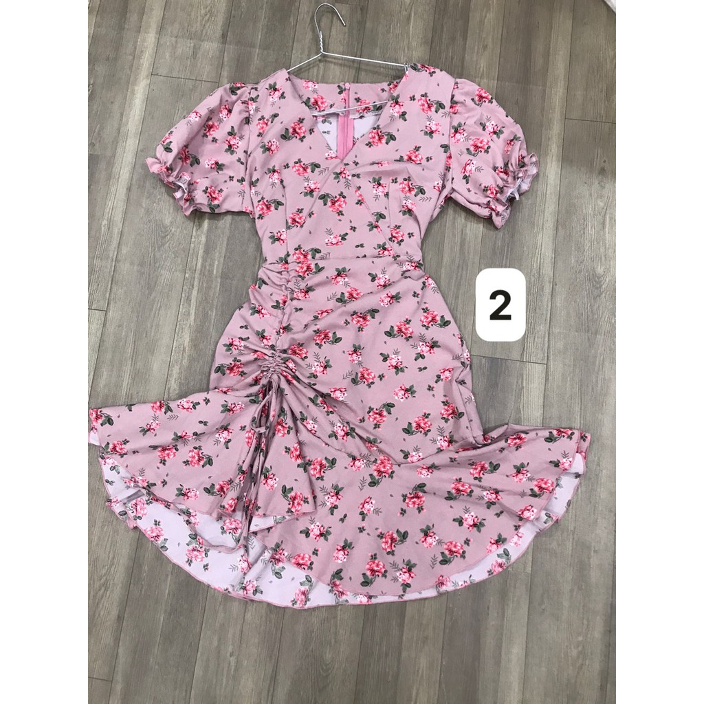 Đầm hoa tay ngắn cổ tim rút dây hông + Ảnh thật