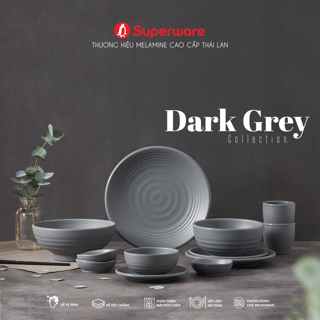 Bộ Bát Cơm và Đĩa Chấm SUPERWARE Nhựa Phíp 100% Melamine - Dark Grey