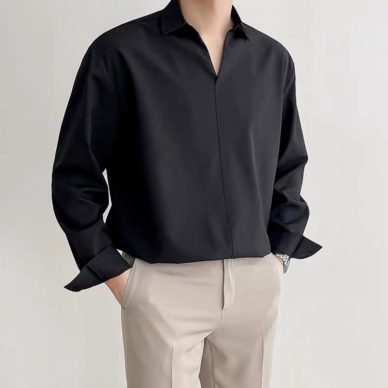 Áo sơ mi nam nữ cổ V thiết kế, tay dài from rộng, chuẩn style Hàn Quốc, sơ mi trơn vải lụa kate mềm Shinghai