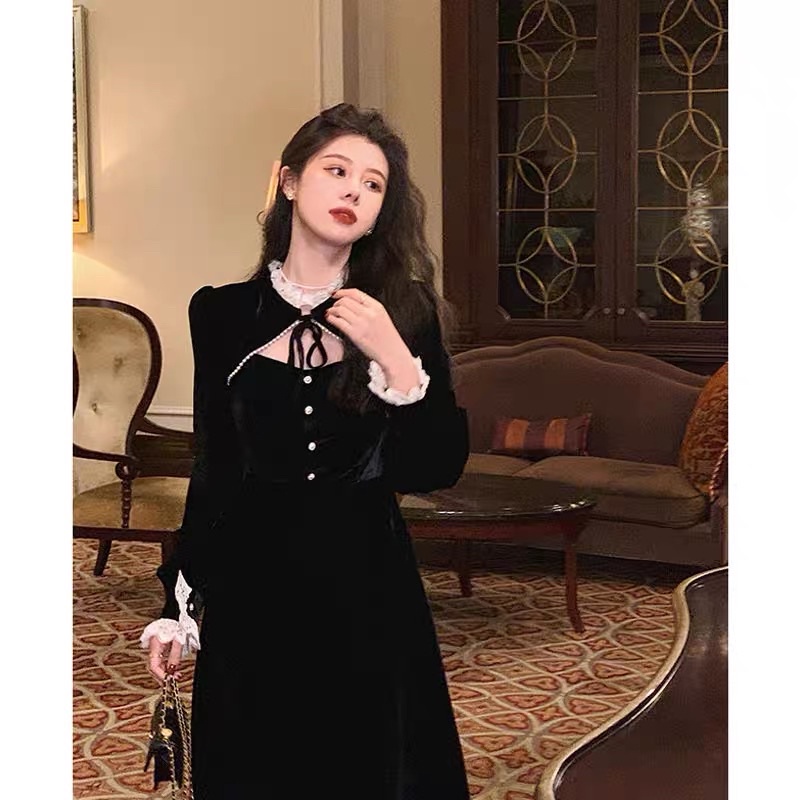 Váy nhung tiểu thư sang chảnh phong cách hàn quốc cho nữ -hàng chuẩn không phai hàng xưởng may lại