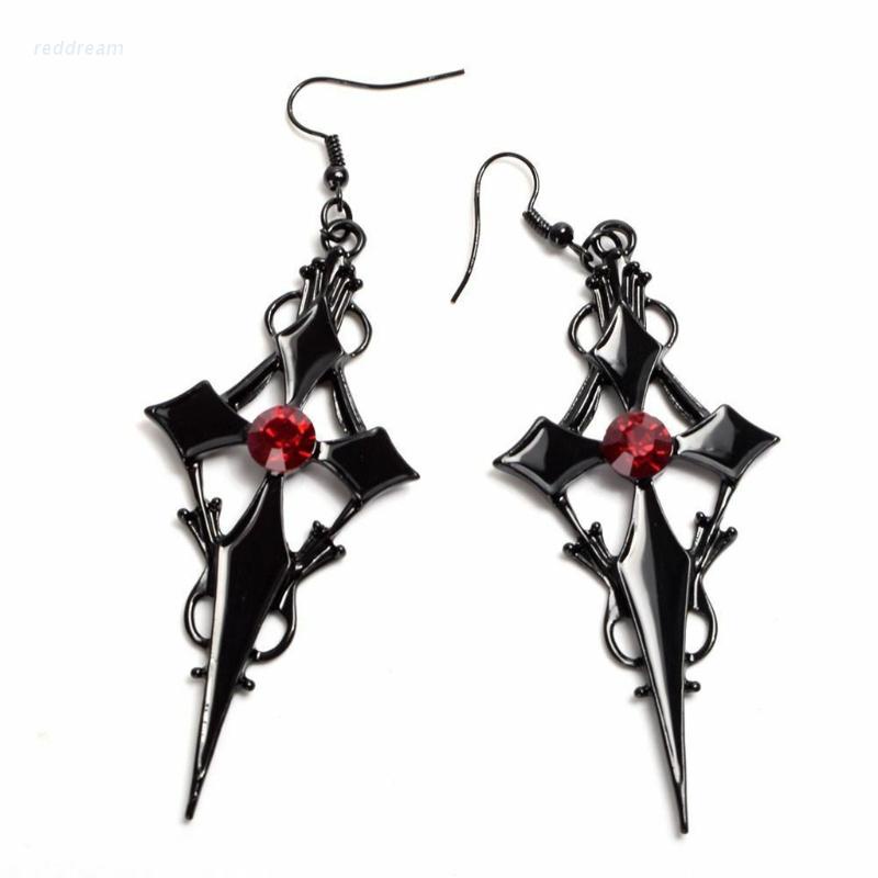 Khuyên Tai Hình Thánh Giá Đính Đá Pha Lê Đỏ Phong Cách Gothic