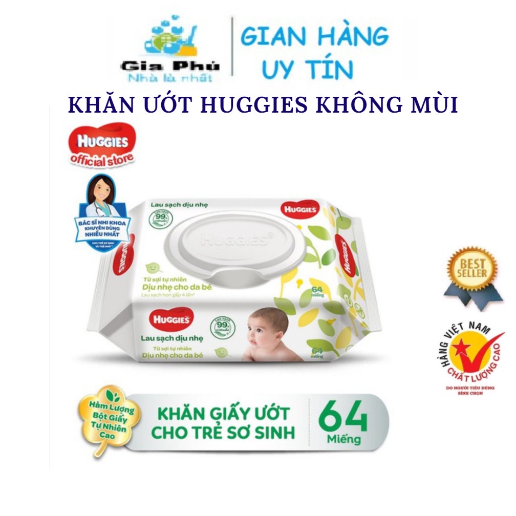 Khăn ướt  Huggies không mùi (64 miếng) dùng an toàn cho bé