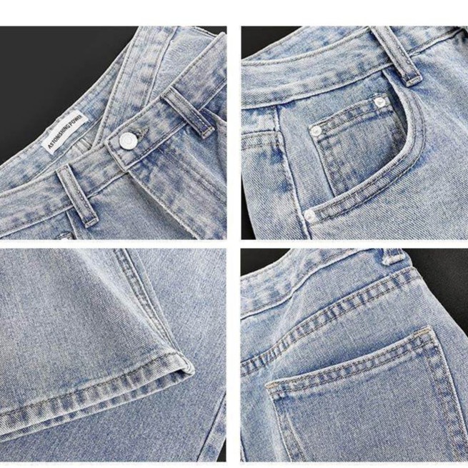 Quần Jeans Nữ Ống Rộng Xanh - Quần Bò Nữ Ống Rộng Nữ Dáng Suông 1 Cúc Cạp Chéo Dáng Dài