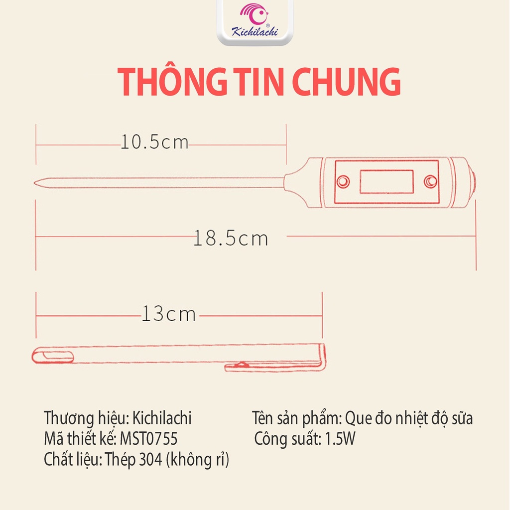 Nhiệt kế đo nhiệt độ sữa, cháo, nước, chất lỏng Kichilachi an toàn cho bé và gia đình
