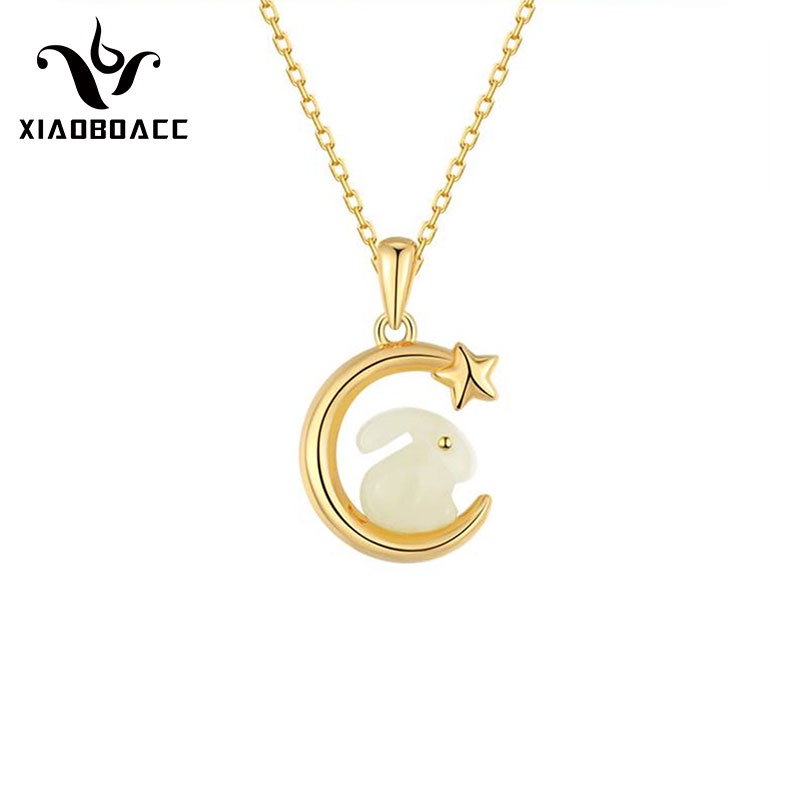 XiaoboACC Vòng cổ Thép Titan Mặt Hình Thỏ Và Mặt Trăng Phong Cách Trung Quốc - 40CM + 6CM