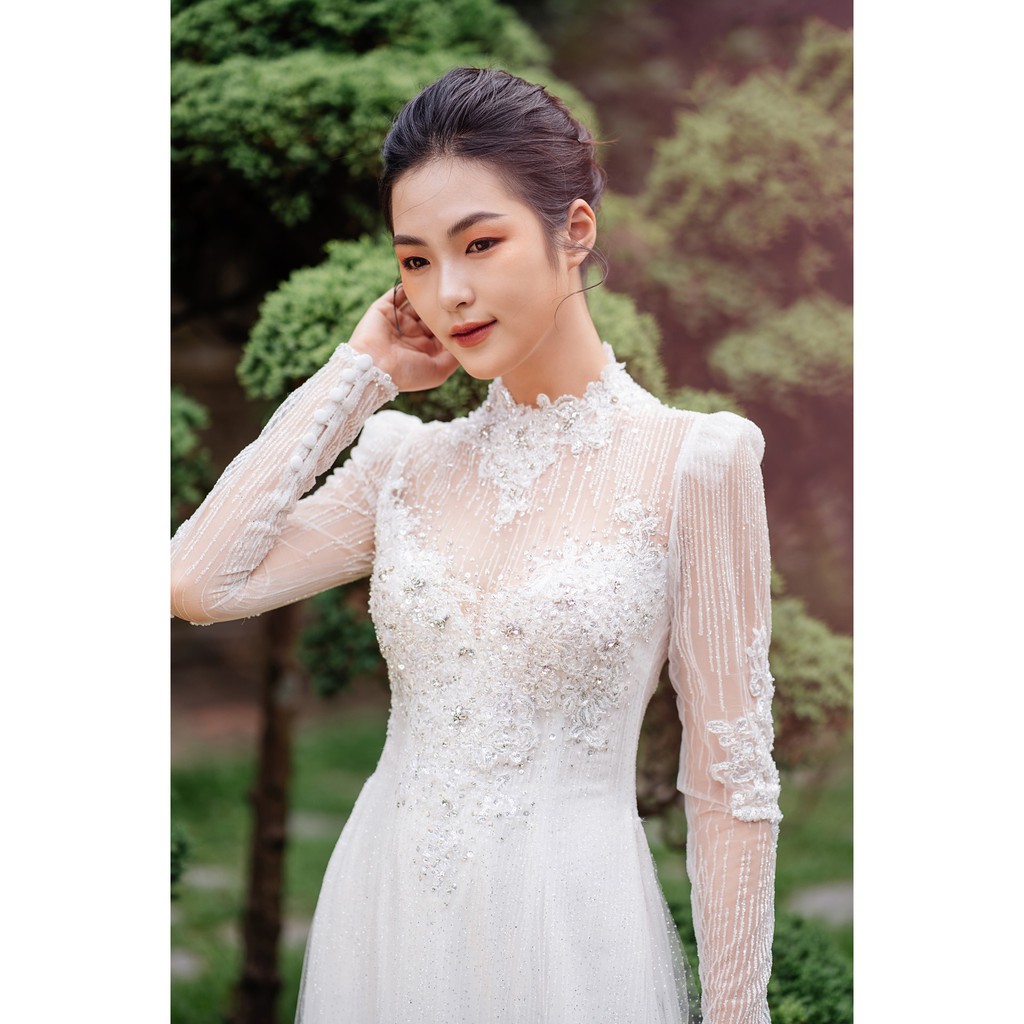 Áo dài cưới áo dài cô dâu 6 tà voan lụa kim sa trắng đẹp lấp lánh cao cấp