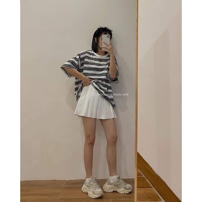 [Rẻ Vô Địch] Áo cotton tay lỡ Unisex mặc đôi ,nhóm , lớp------ Áo kẻ ngang in logo