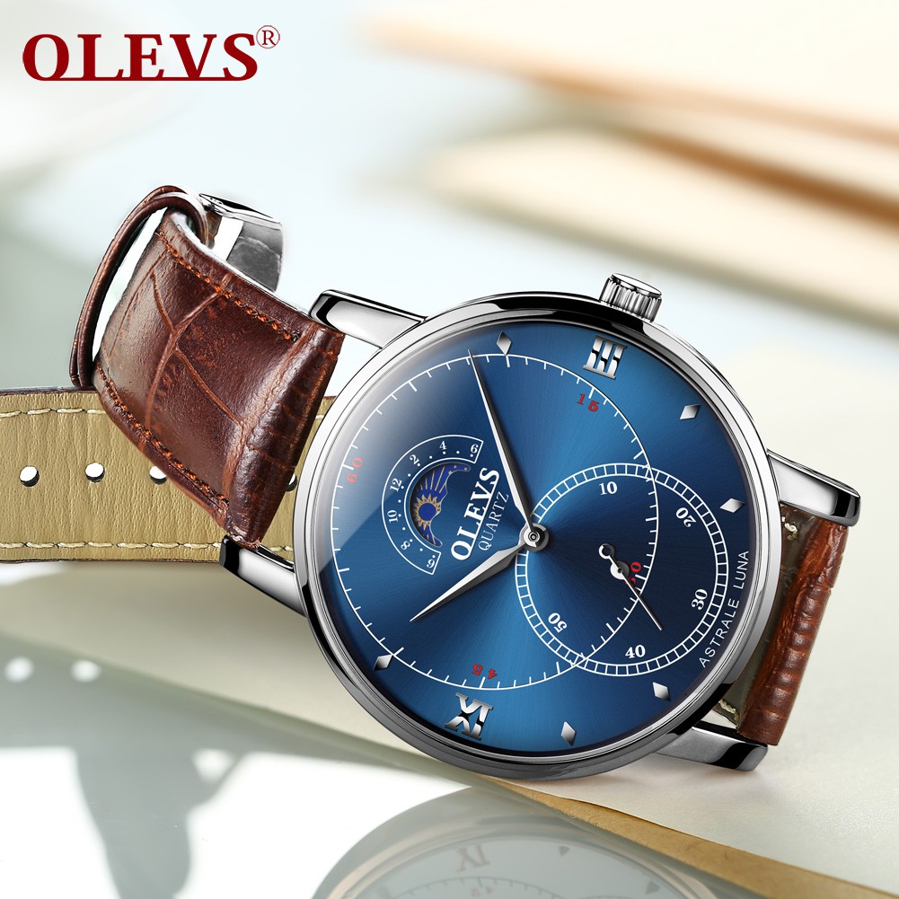Đồng hồ đeo tay nam Olevs dây da nâu sang trọng - L5874G02 - Hàng Chính Hãng