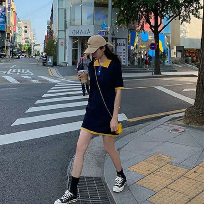 Summer new color contrast short sleeve careful machine polo collar straight tube student dress loose casual knitted short skirt women