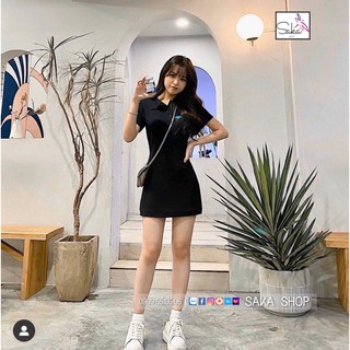 Đầm thun cổ sơ mi in logo