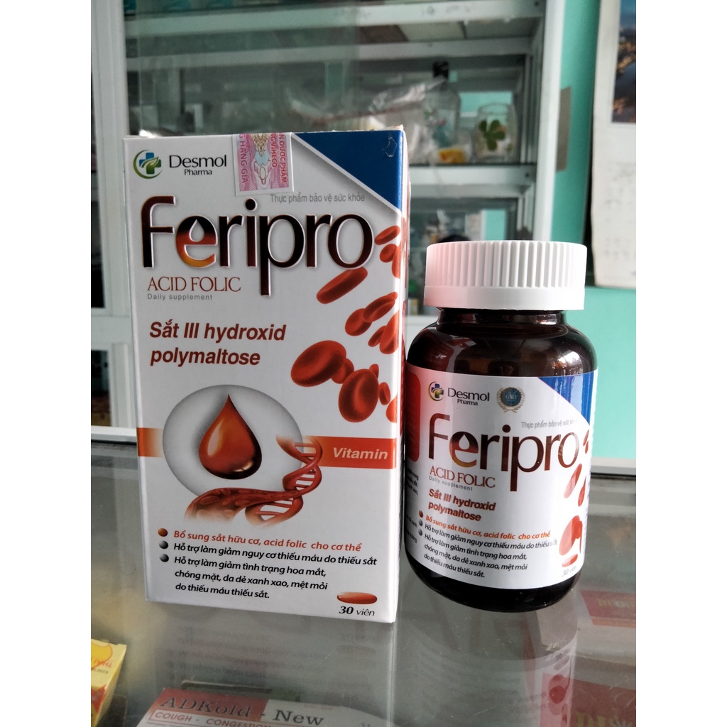 FERIPRO bổ sung sắt hữu cơ, acid folic không gây nóng. Lọ 30 viên