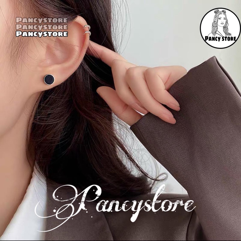 bông tai khuyên tai nam nữ tròn kim đen Unisex