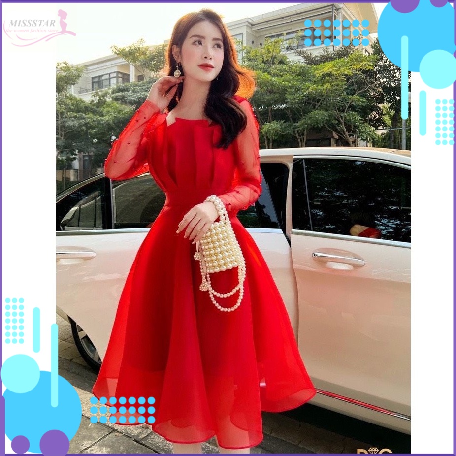 Đầm Tiệc Phối Tay Lưới Đính Ngọc Form Xòe Tôn Dáng Sang Chảnh, Xinh Xắn, Chất Voan Tơ Ánh Kim Mềm Mịn, Mát, Bền Đẹp