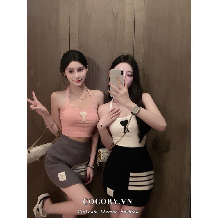 Cocory vn Set Áo hai dây + Chân Váy Chữ A Họa Tiết Kẻ Sọc Thời Trang Quyến Rũ Cho Nữ