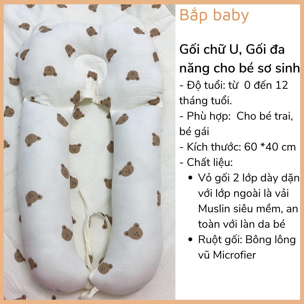 Gối chữ U cho bé sơ sinh Đậu Đỏ gối ôm đa năng chất vải bông xô vỏ xô ruột bông microfiber êm mềm an toàn dễ thương