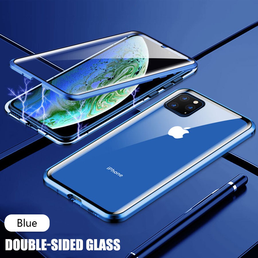 Ốp điện thoại kim loại bằng kính hai mặt có nam châm hấp phụ từ cho iPhone 11 Pro X XS Max XR iphone 7 8 6 6s plus