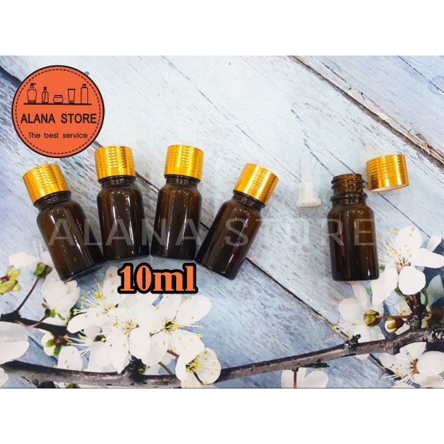 Lọ thủy tinh nâu nắp tinh dầu nhôm vàng 10ml