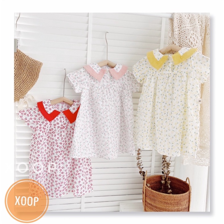 (8-22kg)Váy thô hoa nhí cổ viền màu chữ V cho bé gái