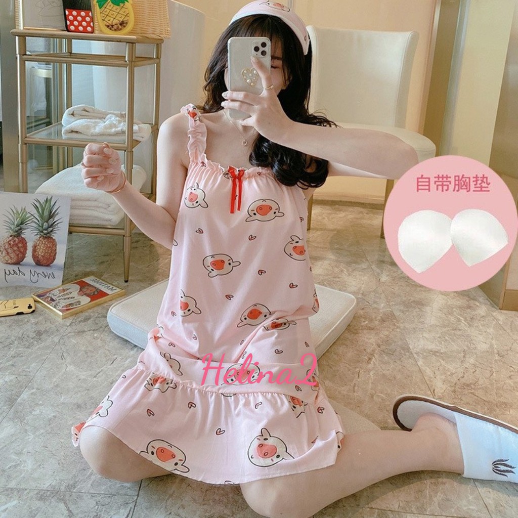 Váy ngủ 2 dây chất thun sữa siêu mát - đầm ngủ họa tiết cute V2D88