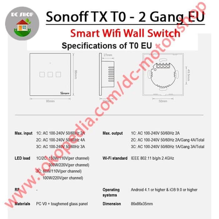 Công Tắc Cảm Ứng Thông Minh Sonoff Touch Tx T0 Eu 2gang / 2 Kênh
