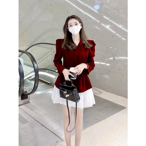 SET ÁO VEST ĐỎ TAY DÀI + CHÂN VÁY BÍ XOÈ ÁNH NHŨ