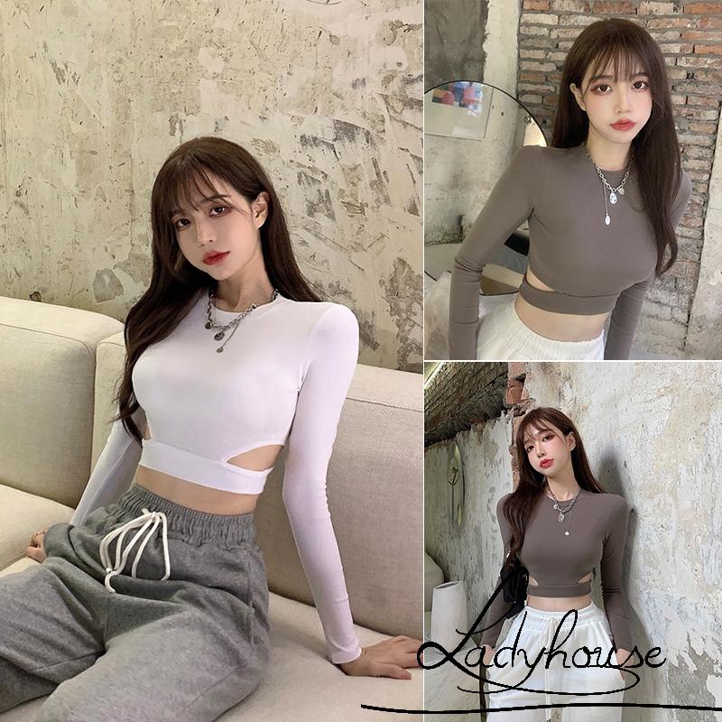 Áo Thun Crop Top Tay Dài Cổ Tròn Màu Trơn Khoét Eo Thời Trang Xuân Hè Cho Nữ