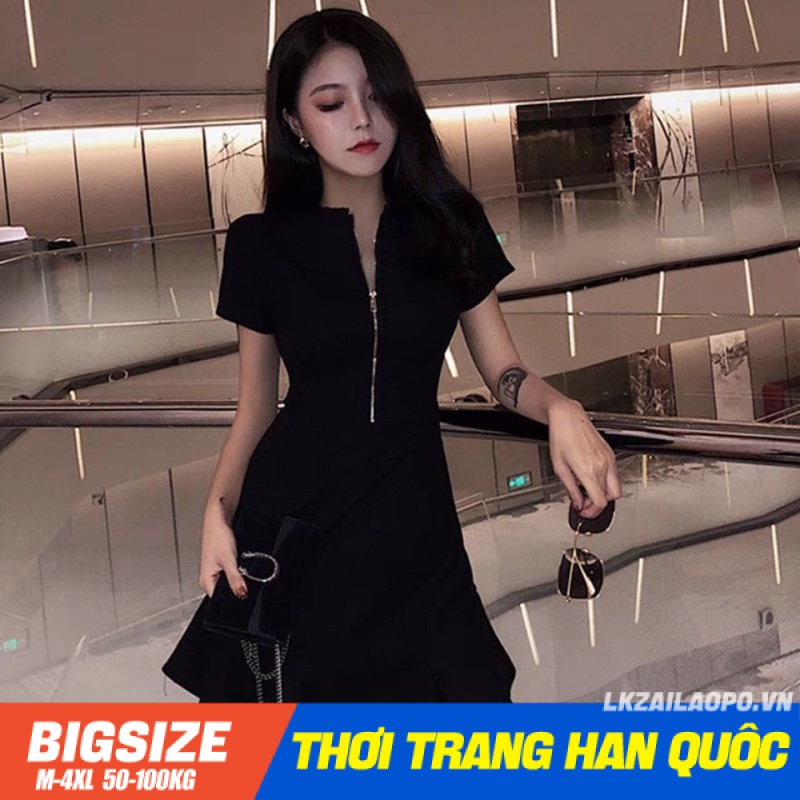 Đầm Bigsize Váy nữ dáng ôm tay ngắn cổ chữ v thiết kế khoá kéo đen chữ a mùa hè Phong cách Hàn Quốc Thời Trang tiểu thư cá tính xinh đẹp cho người mập béo