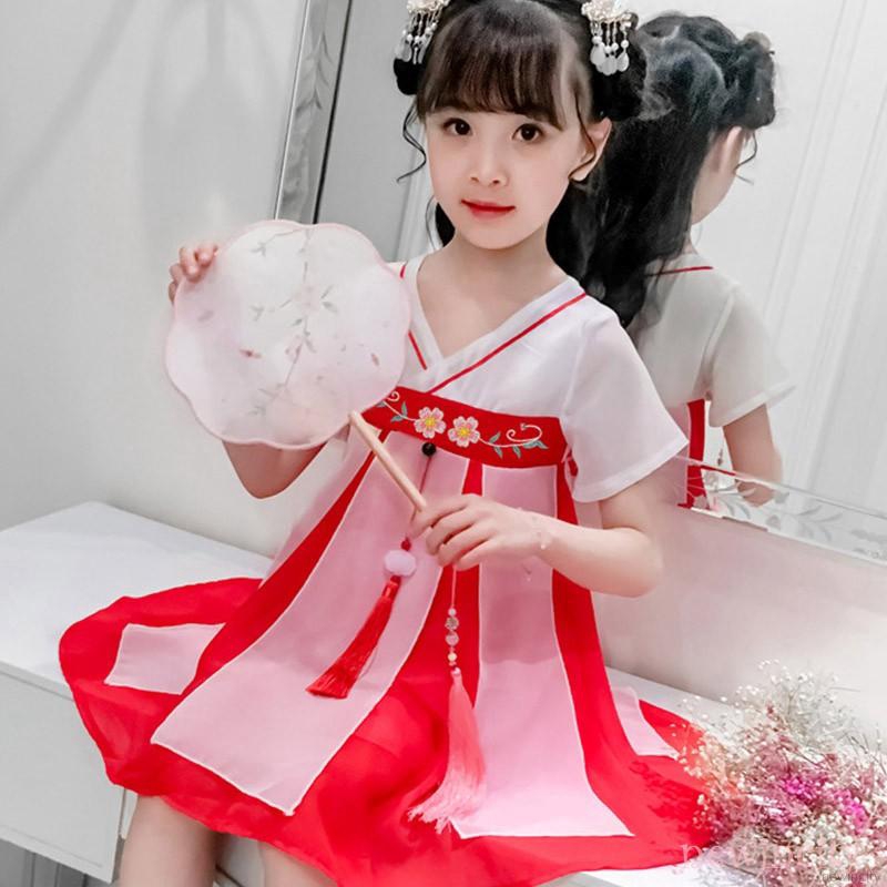 Đầm tay ngắn hoạ tiết hoa thêu phong cách Trung Quốc cho bé gái