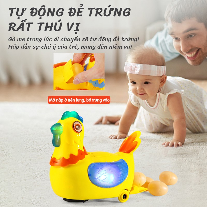 Đồ chơi Con gà đẻ trứng có âm nhạc và đèn nhấp nháy sinh động, âm thanh vui tươi thu hút sự chú ý của trẻ, xoay 360 độ