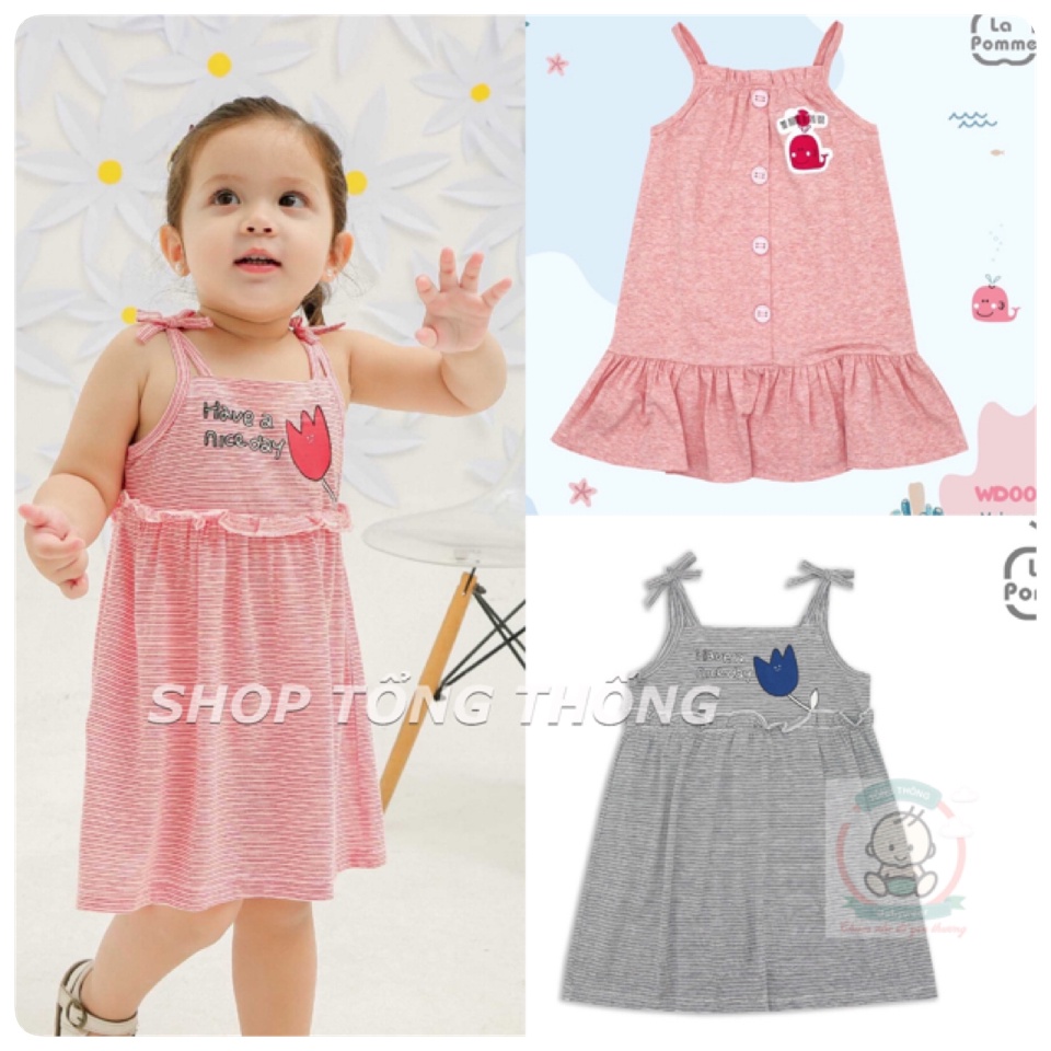 Váy đầm La Pomme Melange Cotton cao cấp mềm mịn thoáng mát nhẹ da thấm hút tốt 2 dây đính cút in cá voi cho bé gái WD002