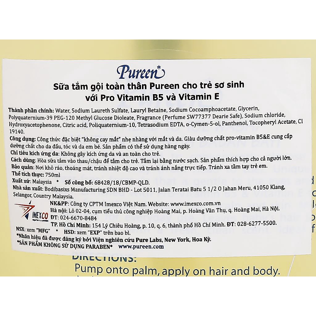 Tắm gội toàn thân cho bé Pureen - Chai Lớn 750ml