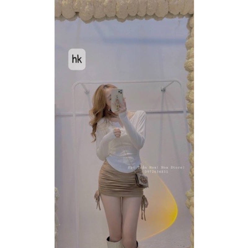 Set bộ chân váy rút dây 2 bên kèm áo tay dài vạt bầu ôm body chất thun borip cao cấp - T5N