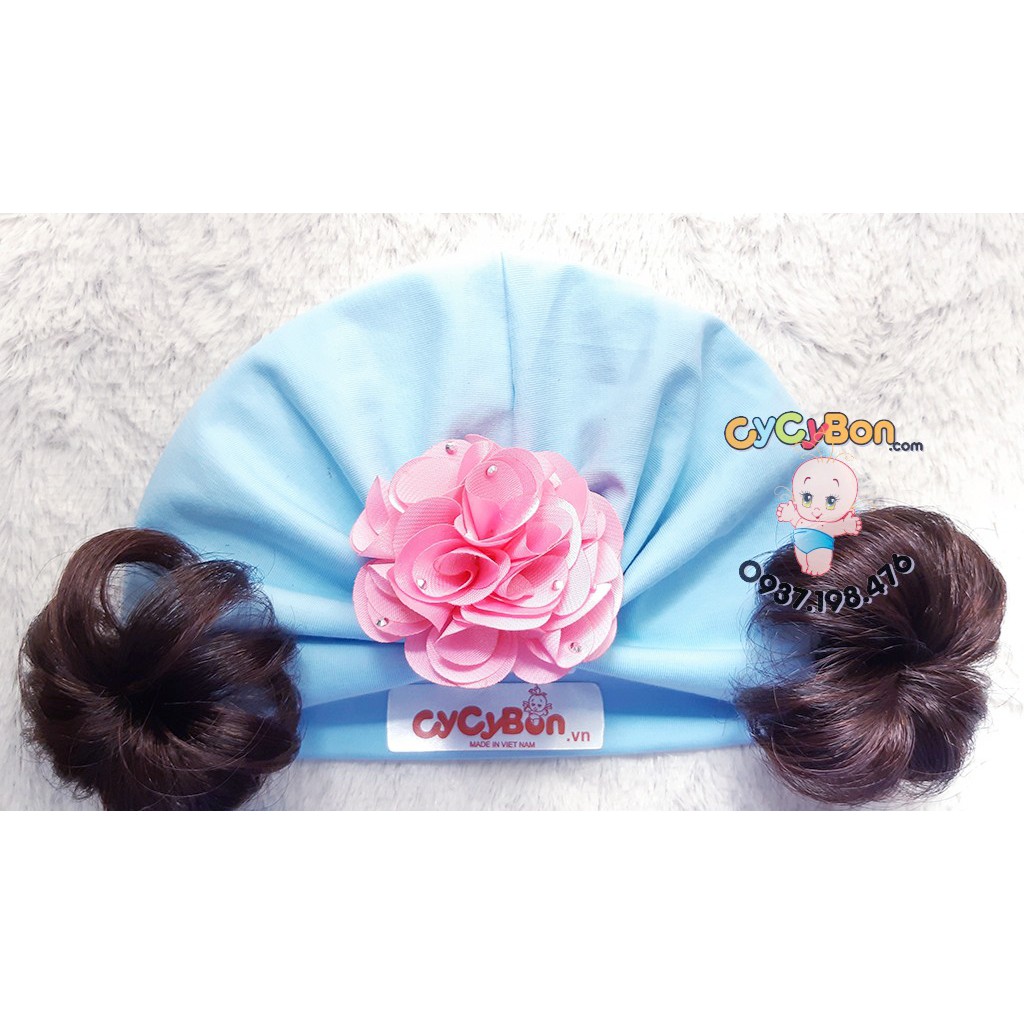 Mũ Nón Turban Tóc Giả Cho Bé Gái Màu Xanh Đính Bông Hồng Phối Chất Vải Cotton Có Size Cho Bé Từ Sơ Sinh!