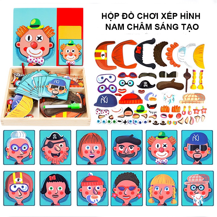 Hộp Đồ Chơi Xếp Hình Nam Châm Sáng Tạo 2 Mặt - Chủ Đề Mặt Người Và Xe Cộ