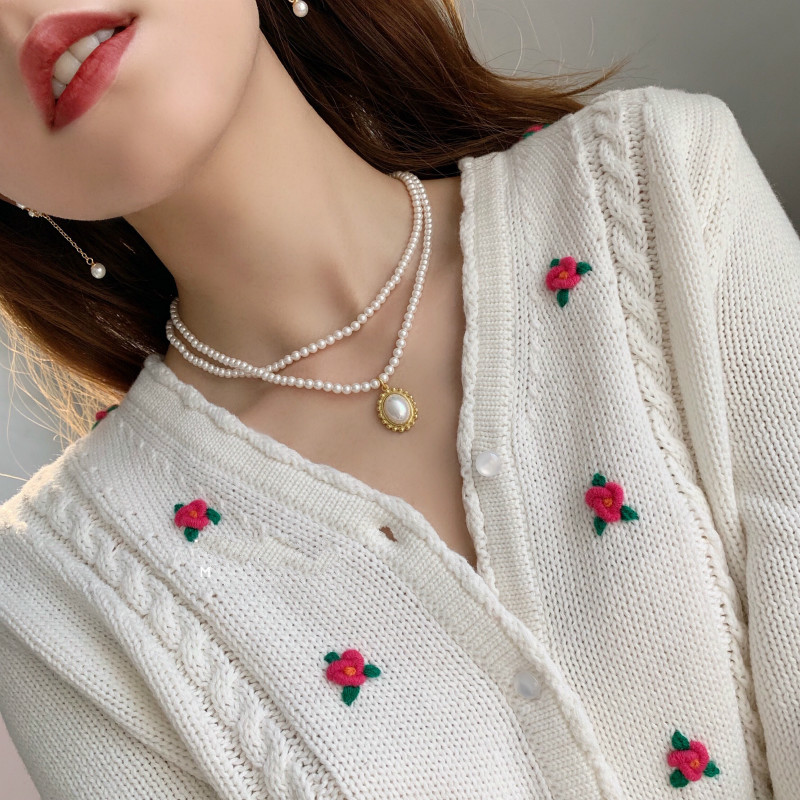 Dây Chuyền Hai Lớp Đính Ngọc Trai Phong Cách Retro