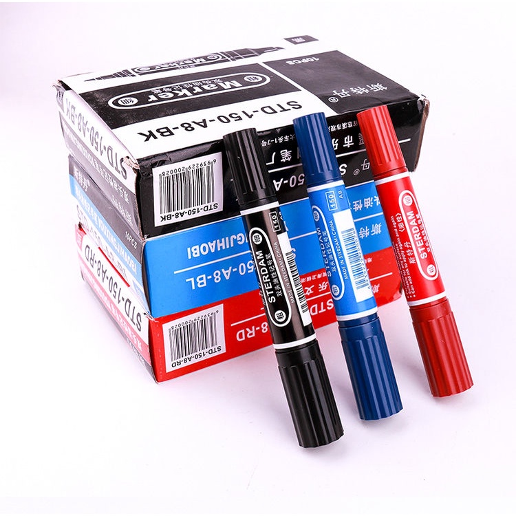 Bút lông dạ dầu 2 đầu Marker cao cấp xanh đỏ đen không trôi màu không xóa đánh vạch dấu viết bảng ghi chú thùng carton