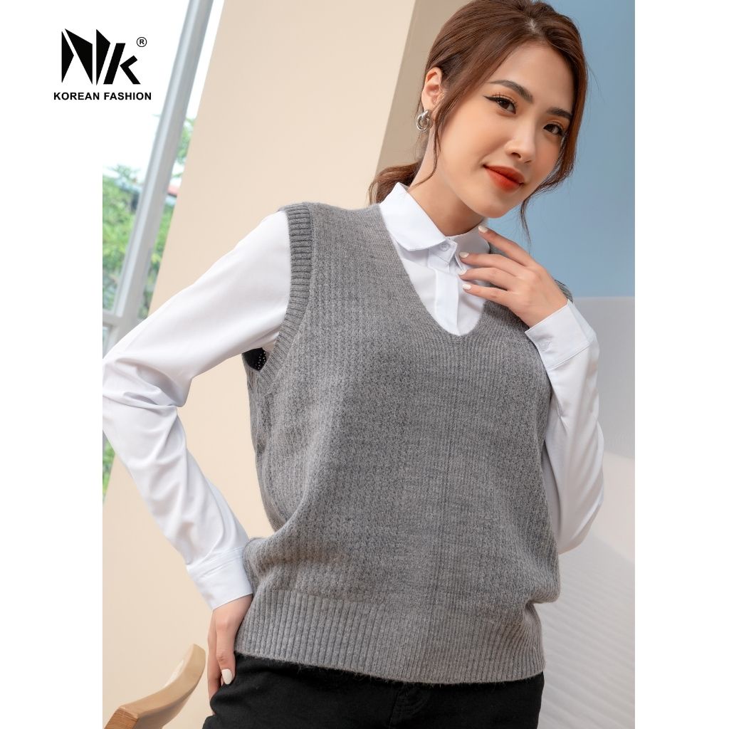 Áo Gile Len Nữ NK Fashion Thiết Kế Cổ Tim Trơn Màu Phong Cách Hàn Quốc, Chất Liệu Len Mềm Mịn NKFAL2109009