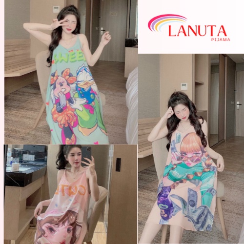 Đầm ngủ 2 dây váy mặc nhà dáng dài thiết kế in 5D sang chảnh kute dễ thương chất lụa xước mềm nhẹ mát phom 45-60 kg