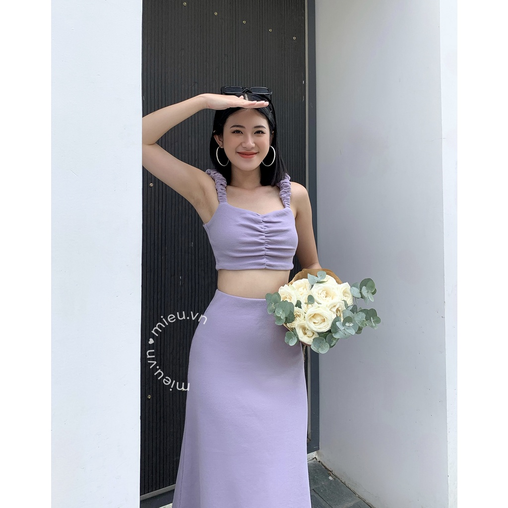 Set đồ nữ áo croptop nhún vai quyến rũ sang trọng kèm chân váy dài quý cô MIEU - JJL23