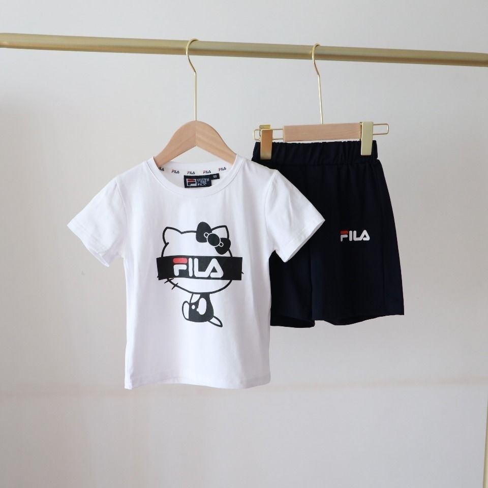 Fila Set Đồ 2 Món Gồm Áo Thun Tay Ngắn Cổ Tròn + Quần Short Vải Cotton Thời Trang Cho Bé 2-13 Tuổi