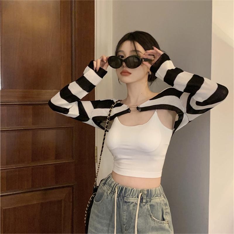 Áo khoác cardigan ZHELIHANGFEI dệt kim tay dài chống nắng họa tiết kẻ sọc thời trang quyến rũ