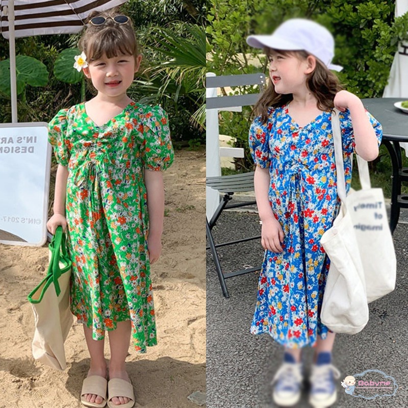 Đầm Công Chúa Tay Ngắn Phồng Cổ Chữ V In Họa Tiết Hoa Phong Cách Hàn Quốc Dành Cho Bé Gái