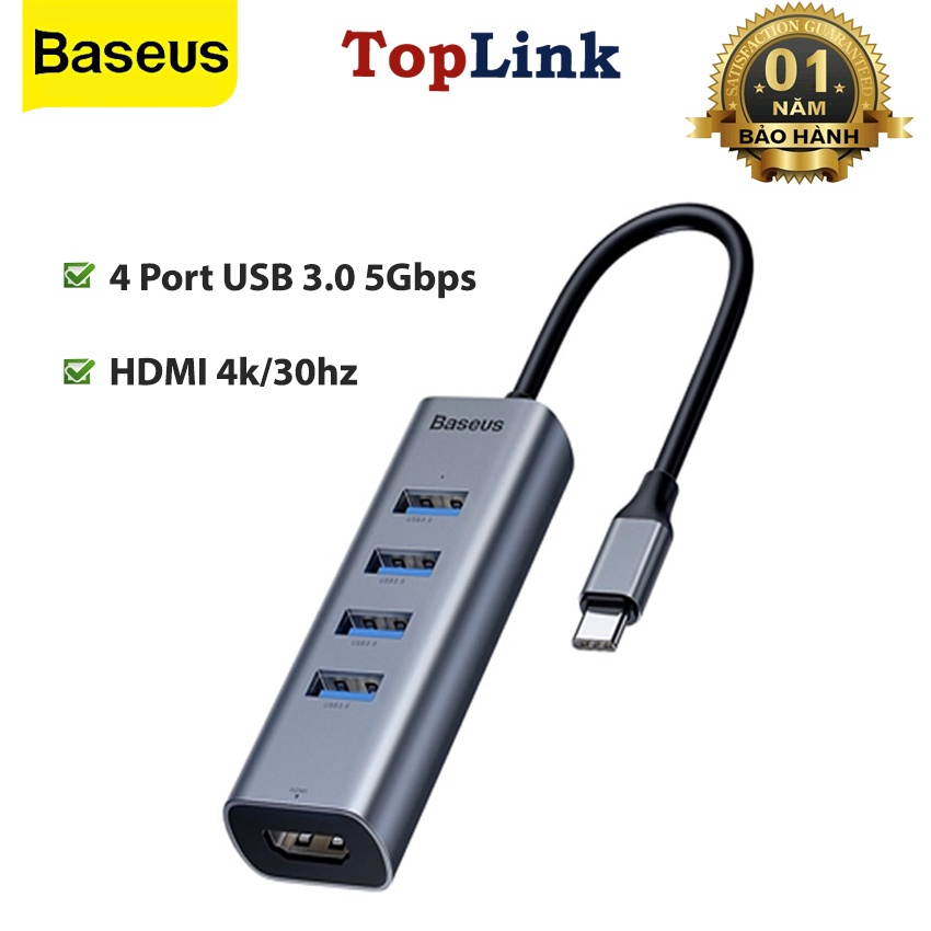 Hub chuyển Type C ra 4 cổng USB 3.0 và HDMI 4k/30hz Baseus Chất Liệu Hợp Kim Nhôm Cao Cấp - TopLink