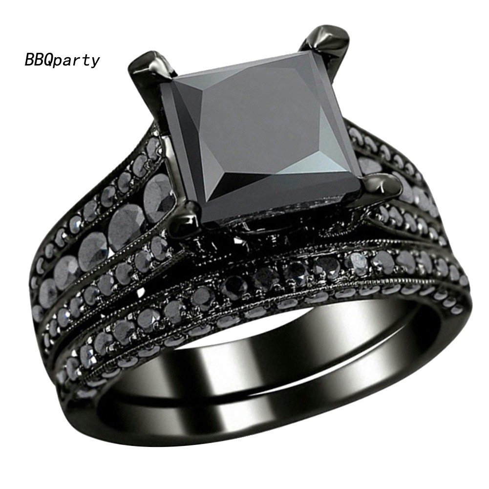 Bộ 2 nhẫn cưới đính hôn đeo ngón tay đính đá Cubic Zirconia hình vuông dành cho bạn nữ