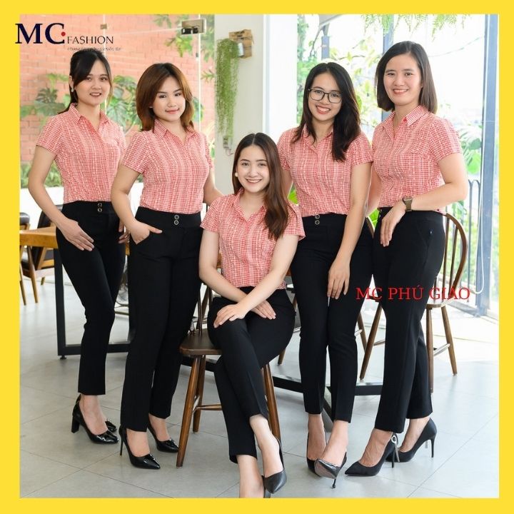 Áo Sơ Mi Caro Công Sở Nữ Đẹp Ngắn Tay Cổ Đức Kẻ Sọc Caro Có  Mc Fashion A671